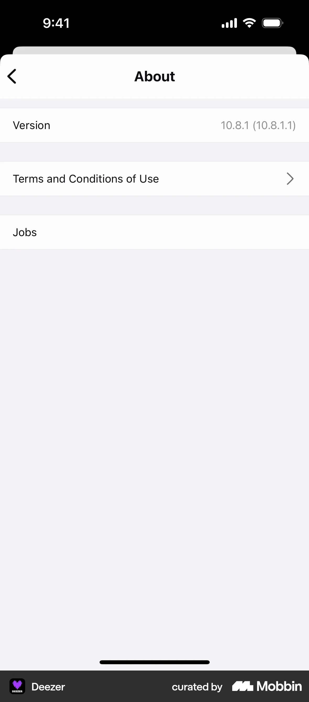 Deezer iOS About screen