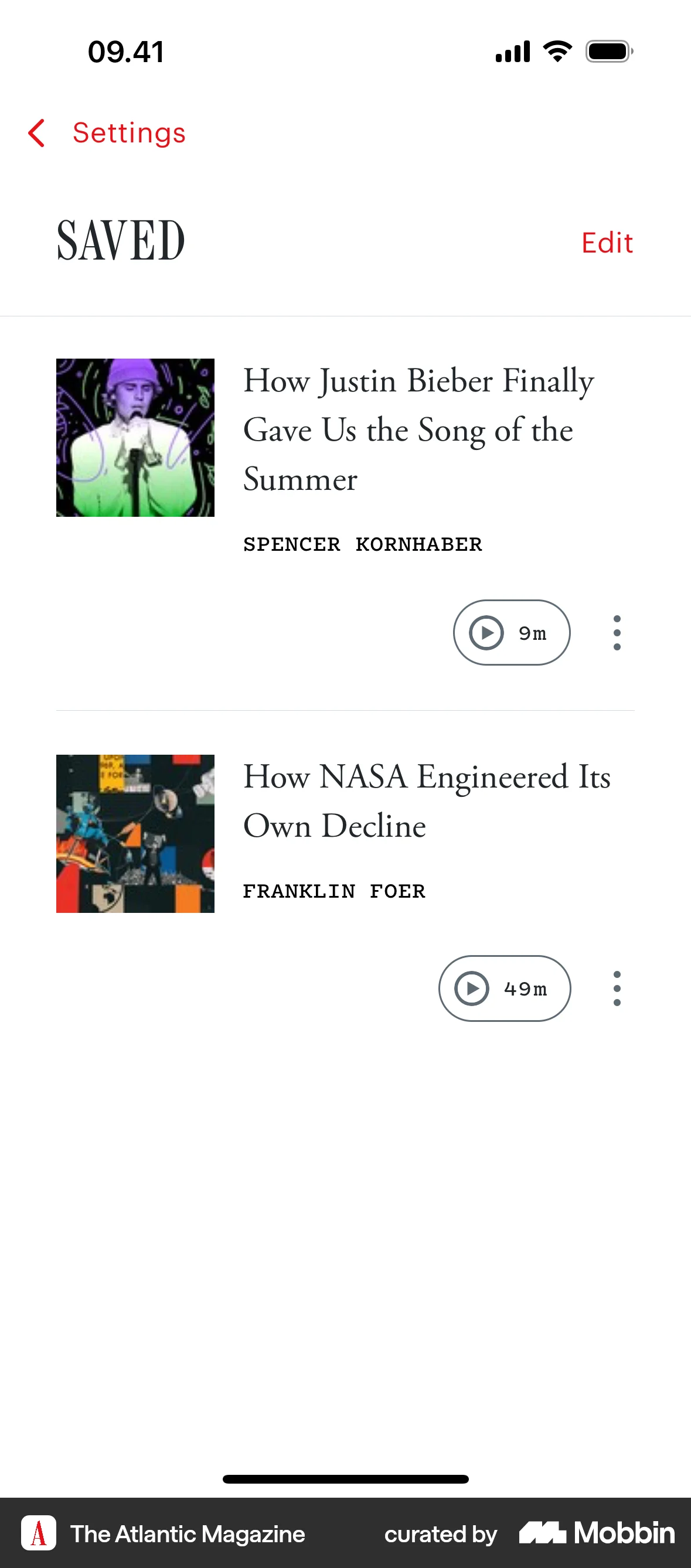 The Atlantic Magazine iOS Bookmarks & Collections screen