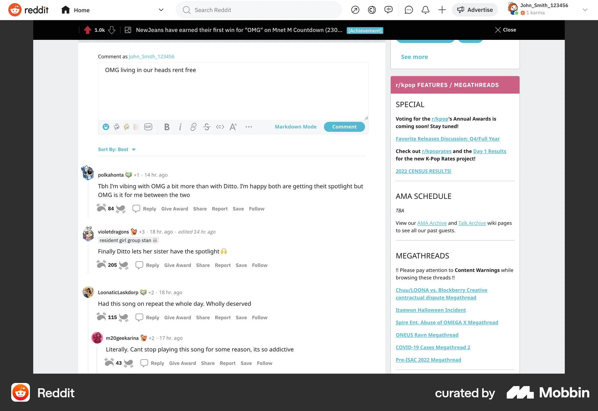 Reddit Web Comments screen