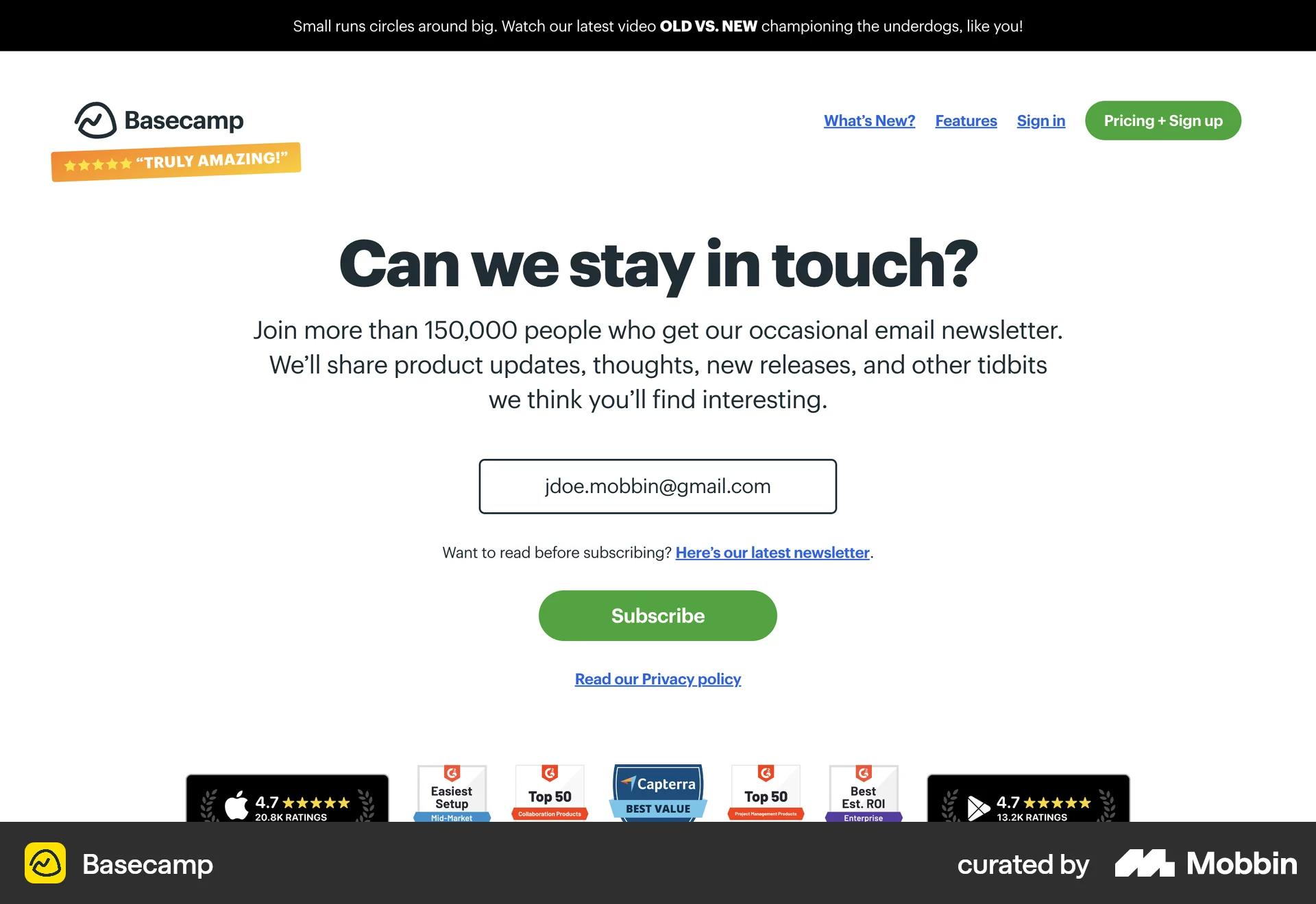 Basecamp Web Follow & Subscribe screen