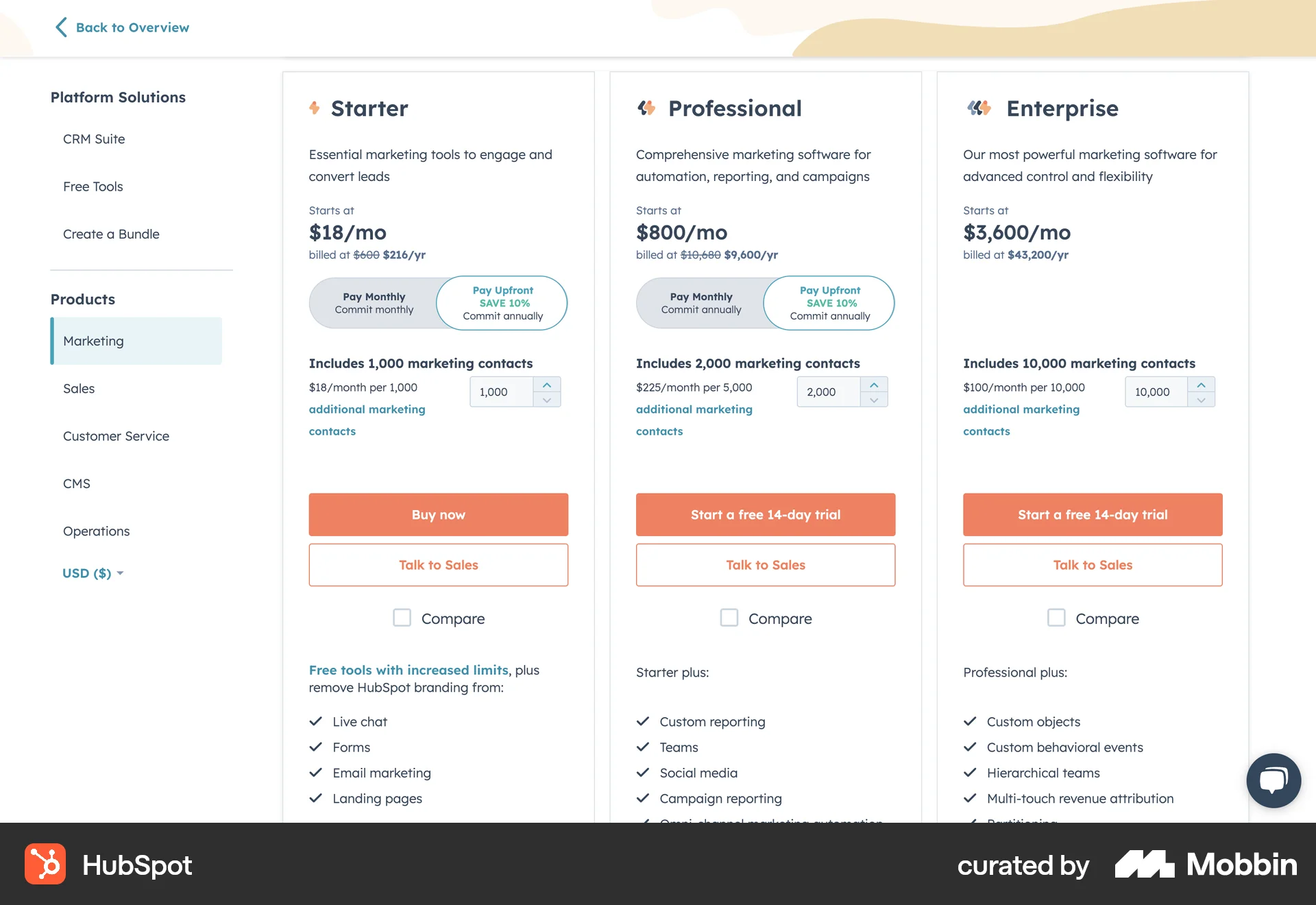 HubSpot Web Pricing screen