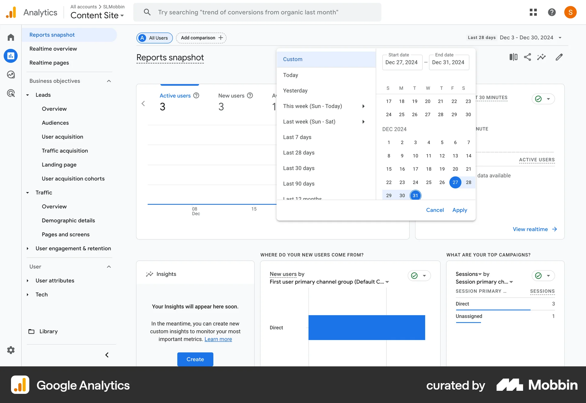 Google Analytics Web Calendar screen