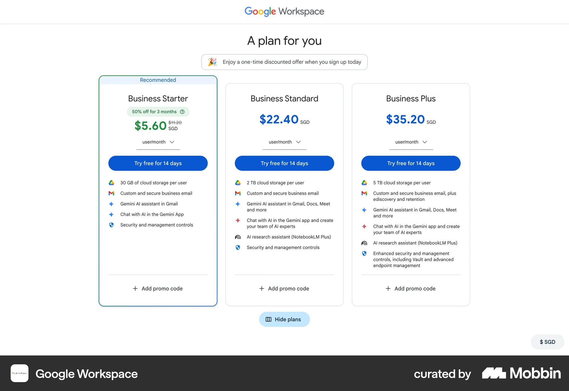 Google Workspace Web Pricing screen