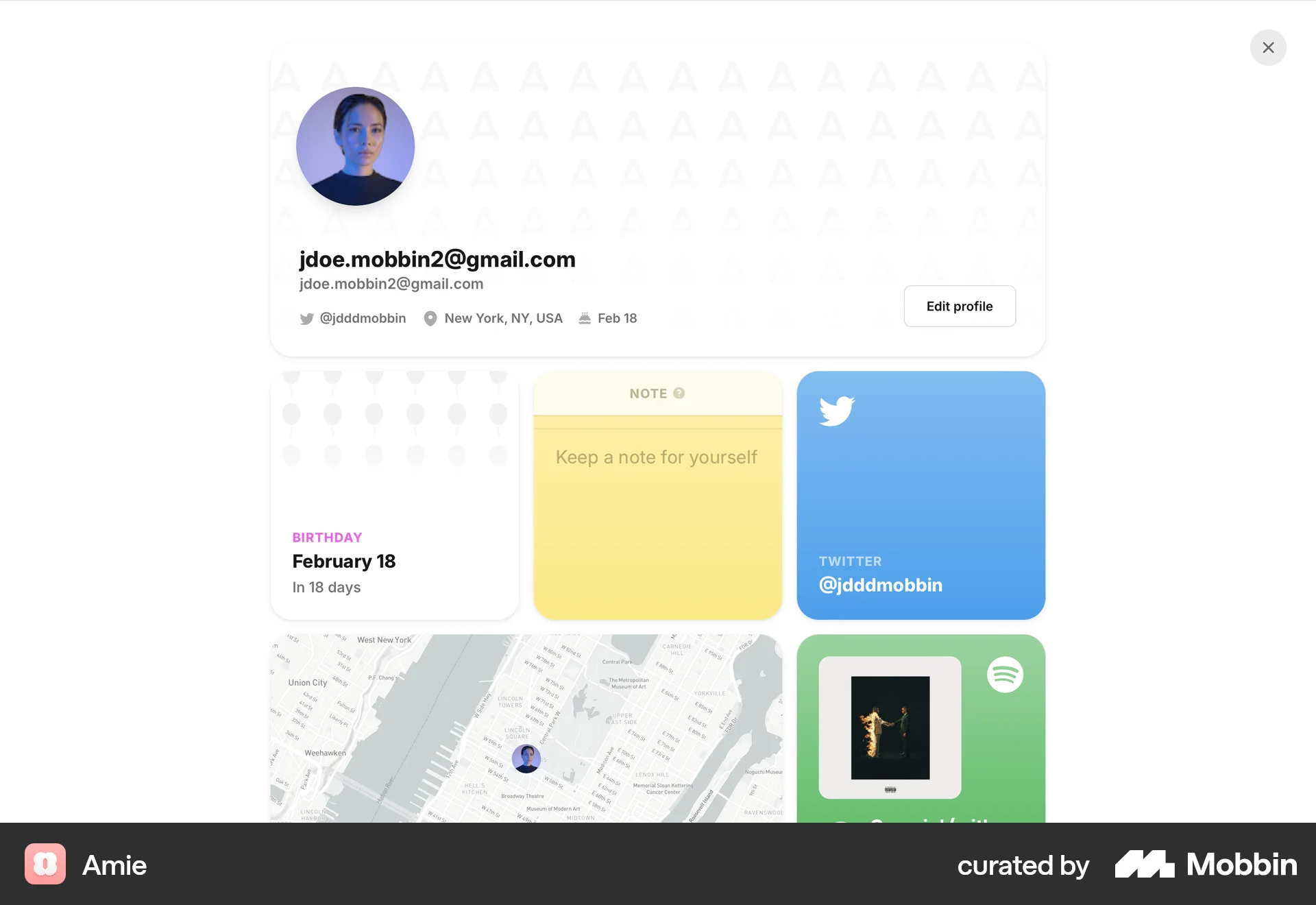 Amie Web My Account & Profile screen