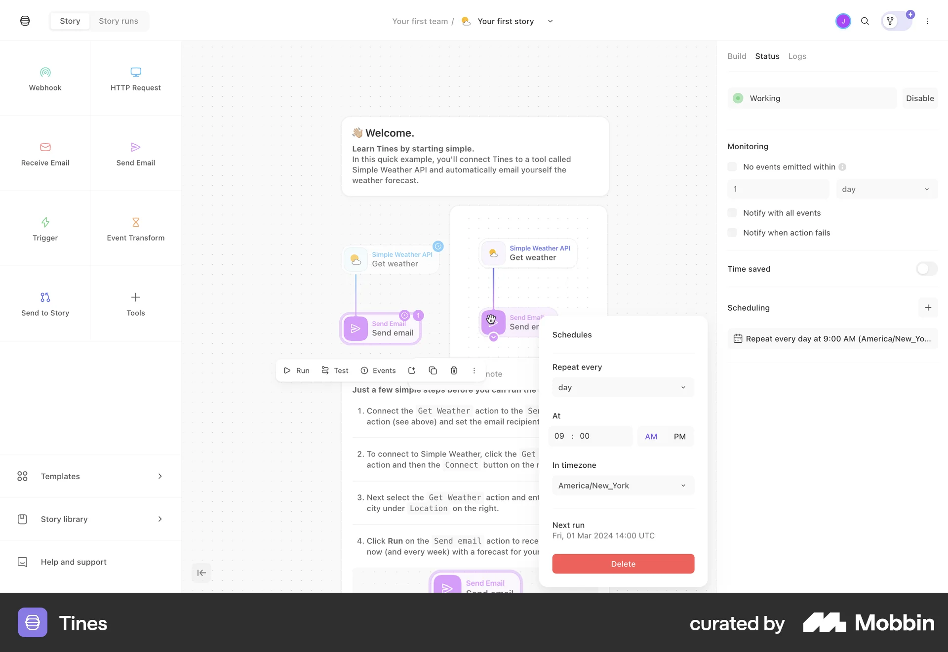 Tines Web Schedule screen