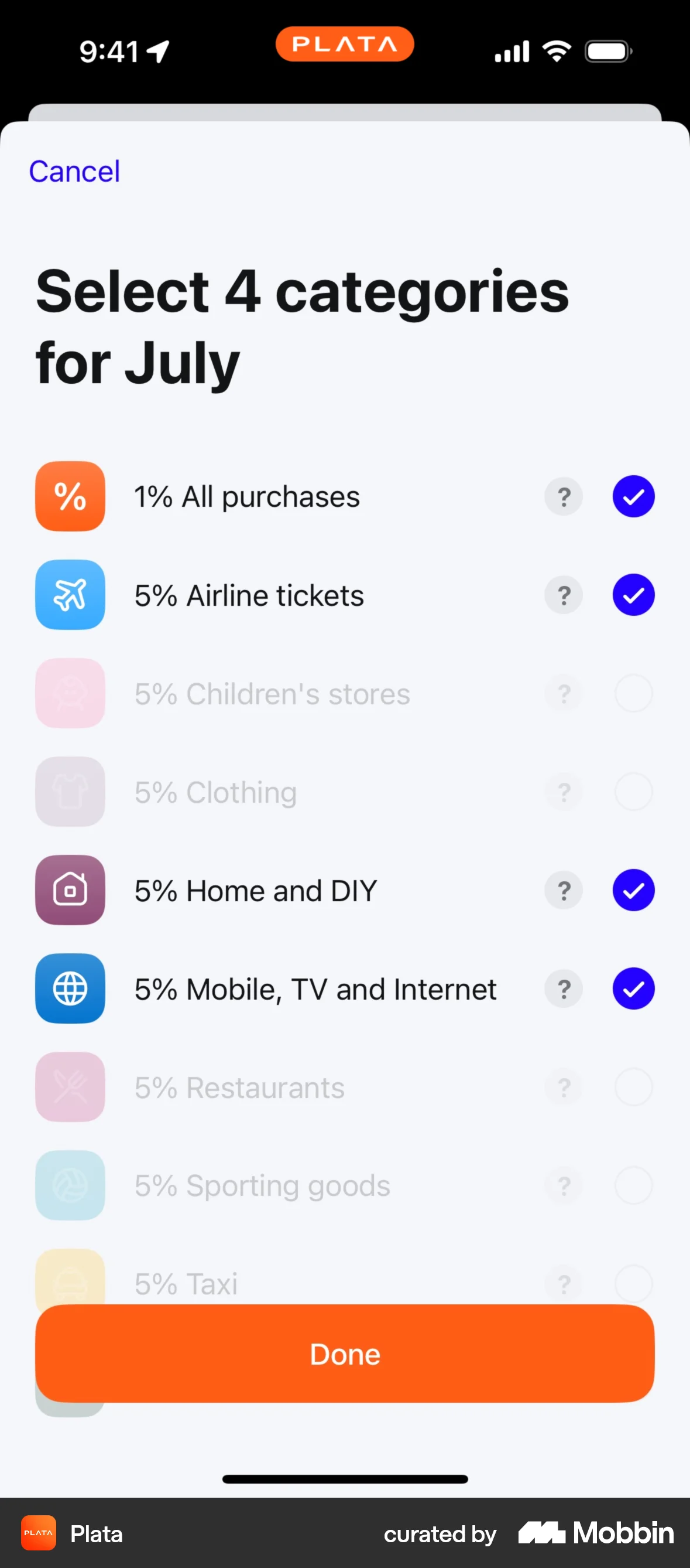 Plata Card iOS screen containing Floating Action Button UI element