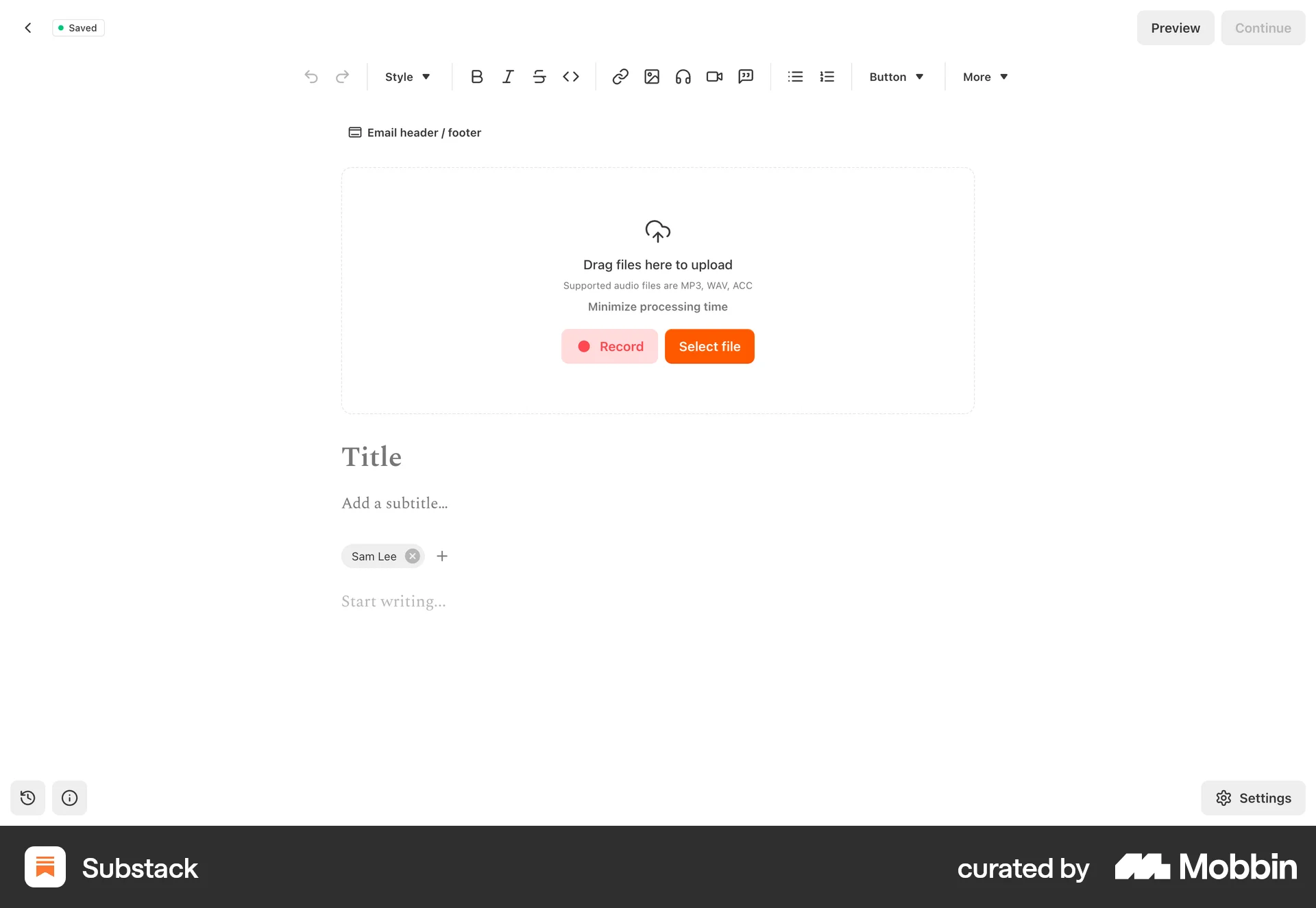 Substack Web screen containing File Upload UI element