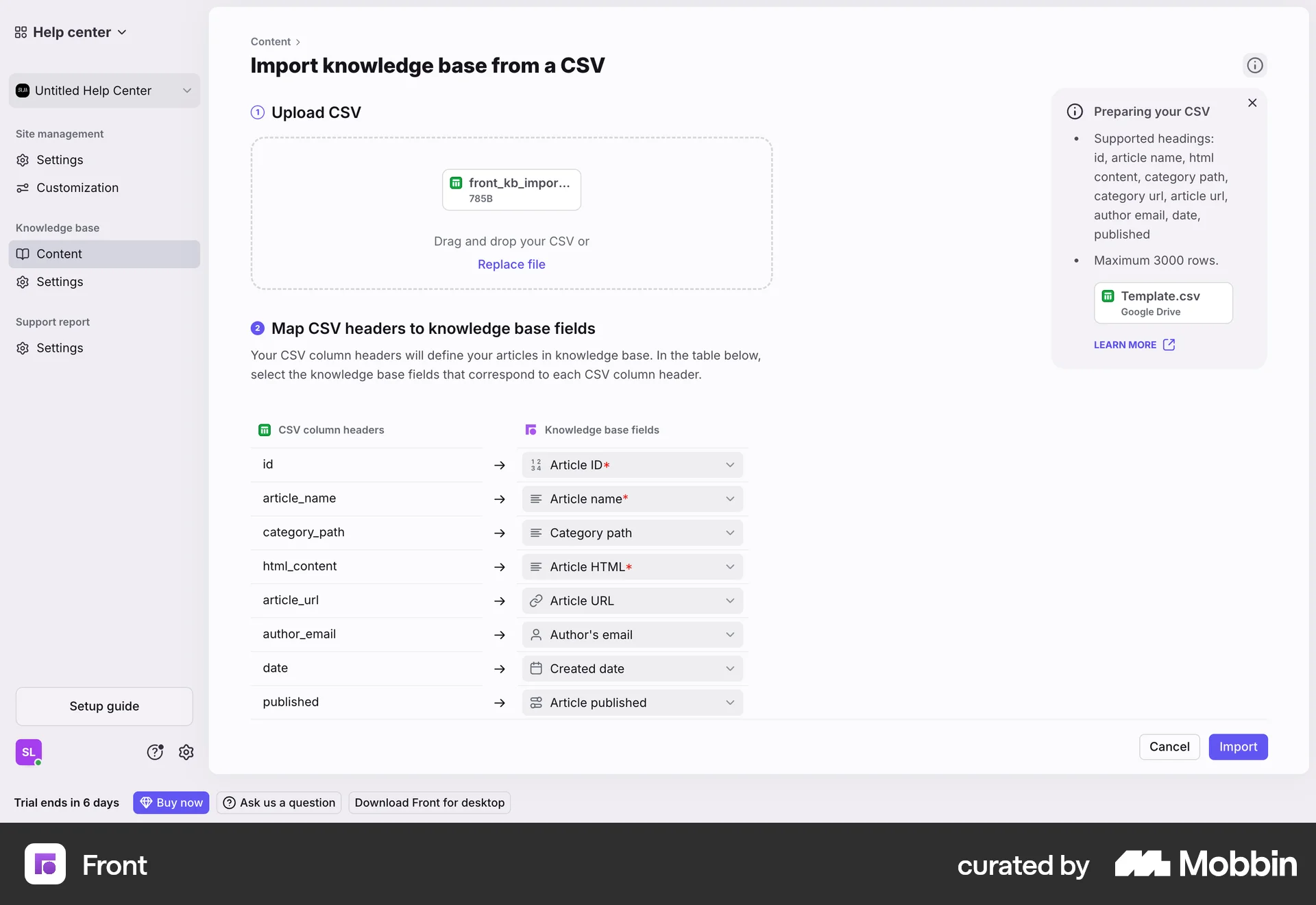Front Web Import & Export screen