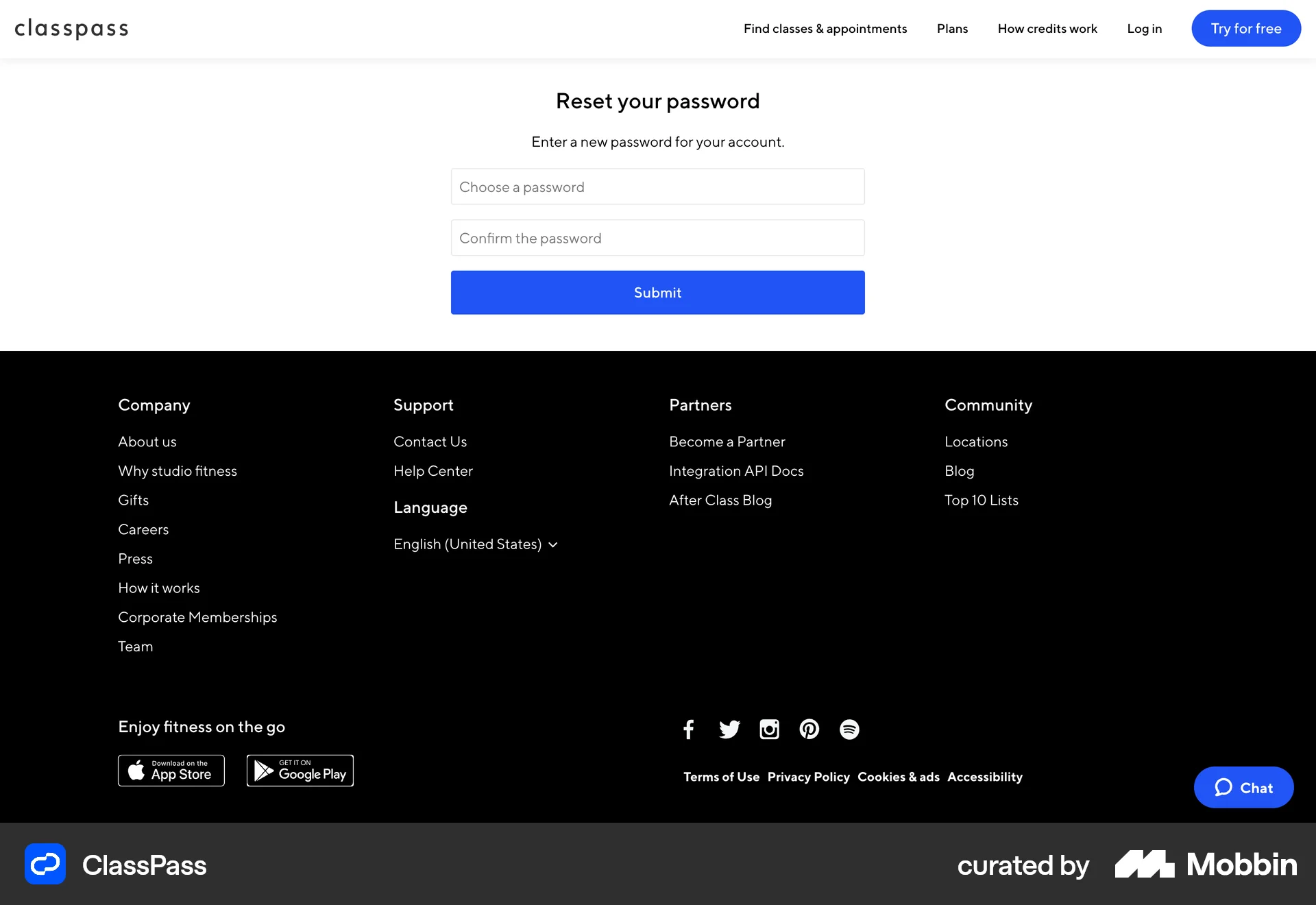 ClassPass Web Forgot Password screen