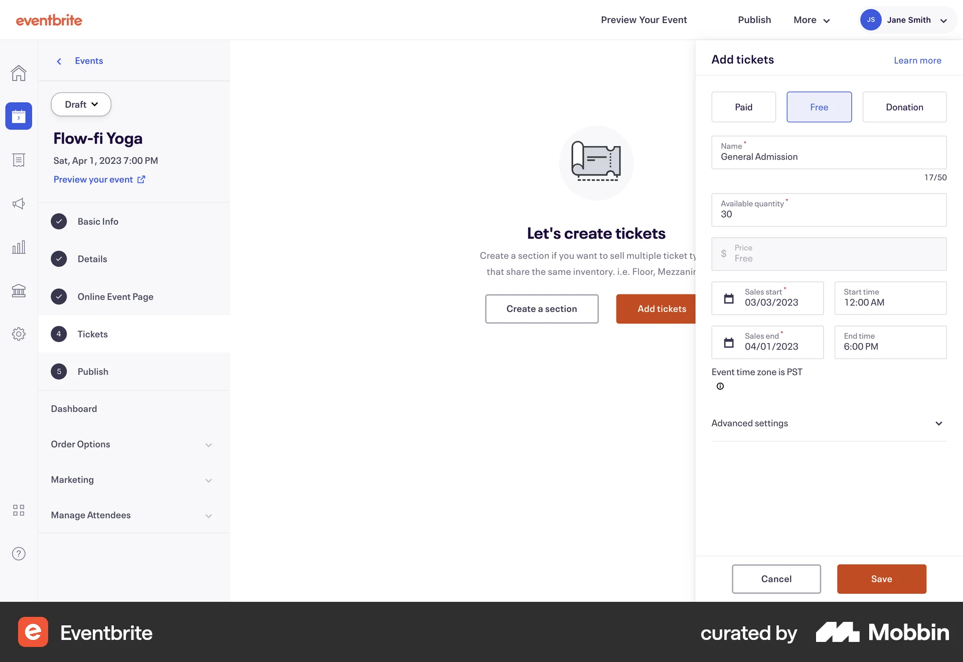 Eventbrite Web screen containing Tile UI element