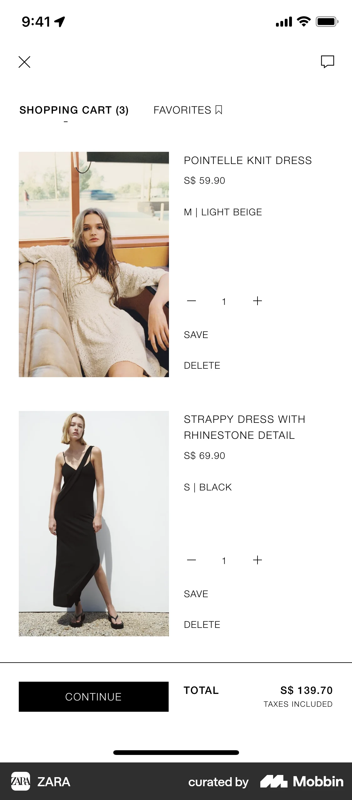 ZARA iOS Mobile Shopping Cart screen