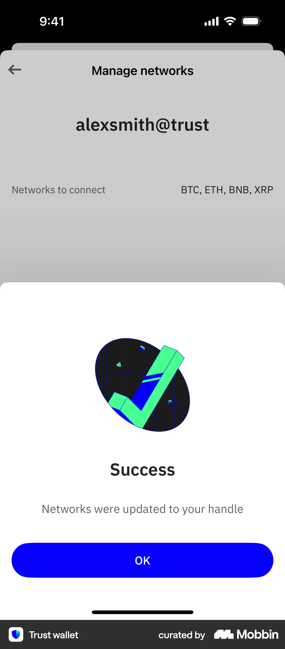 Trust Wallet iOS Acknowledgement & Success screen