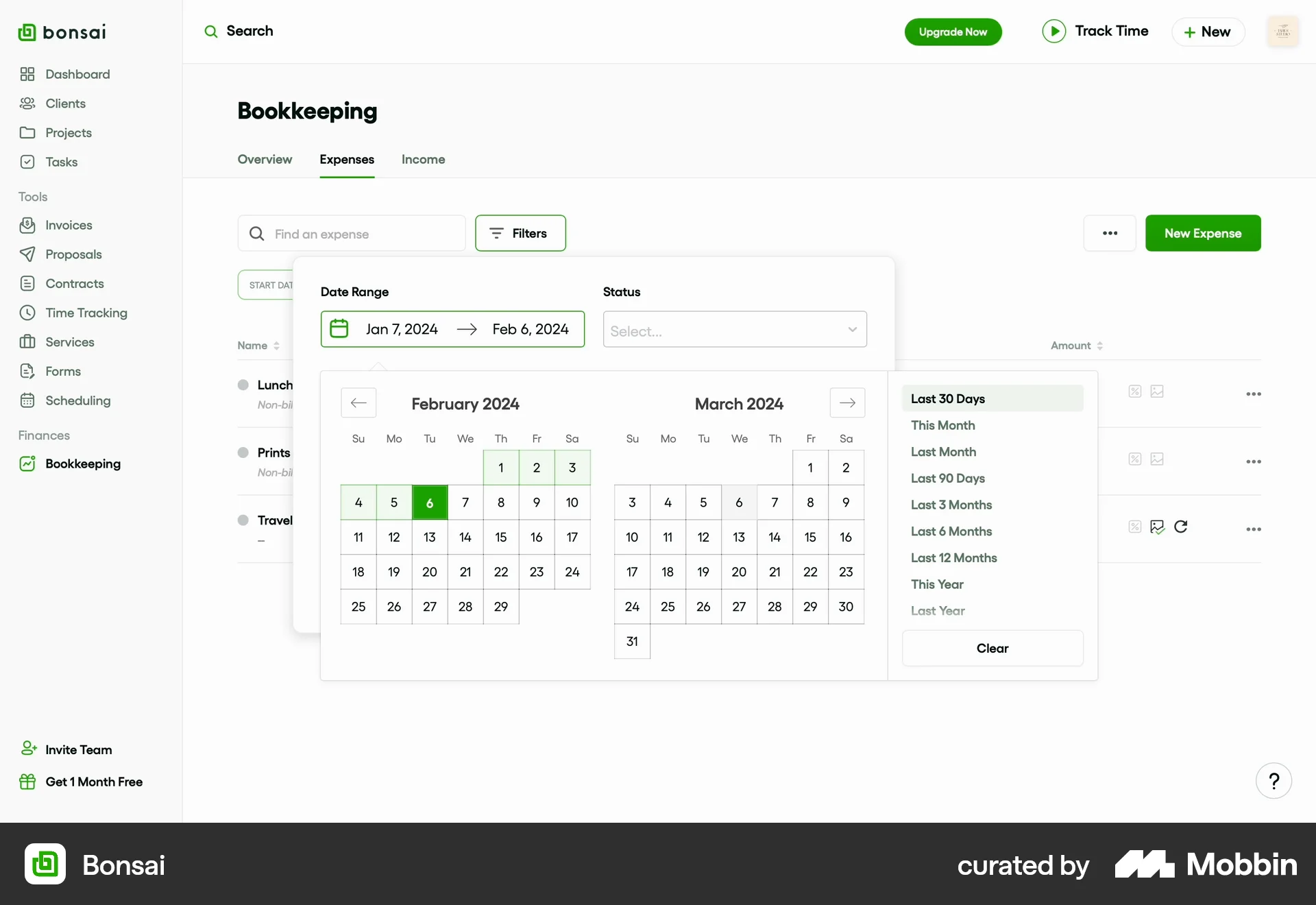 Bonsai Web Calendar screen
