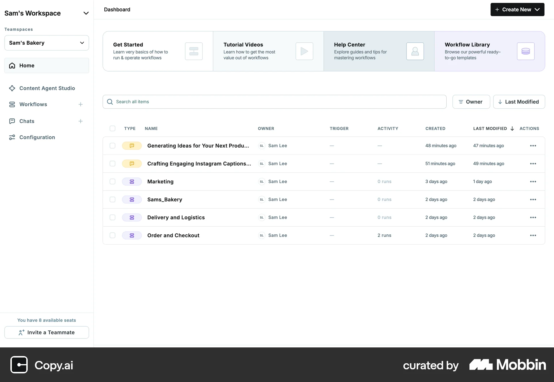 Copy.ai Web screen containing Table UI element