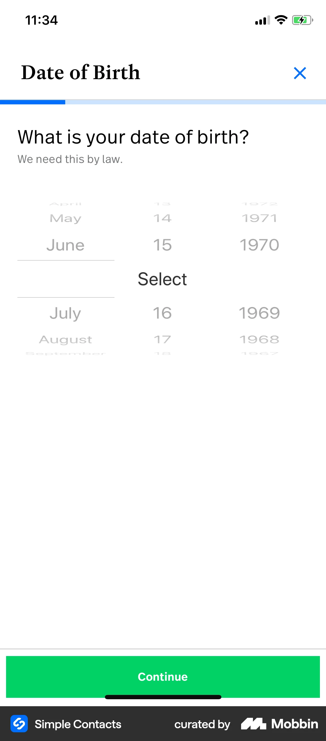 Simple Contacts iOS screen containing Date Picker UI element