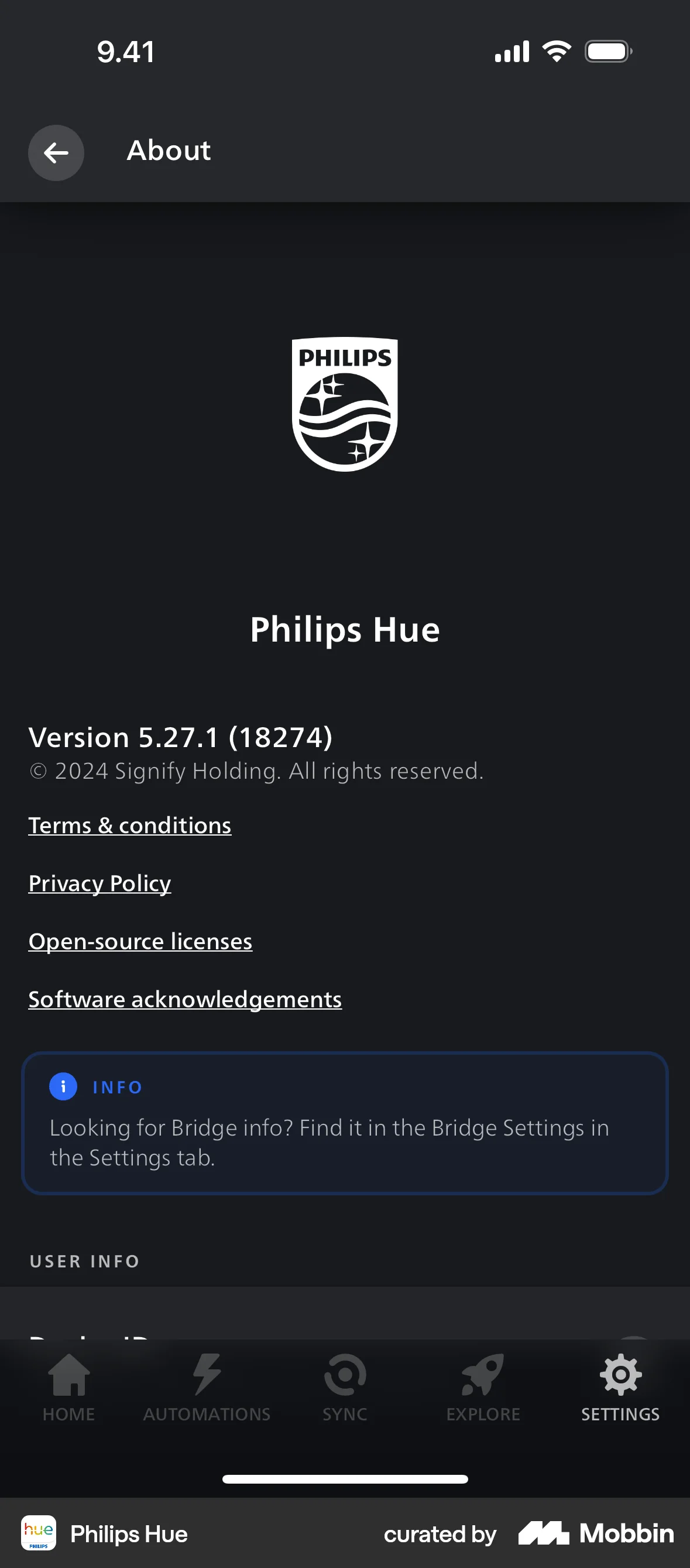 Philips Hue iOS About screen