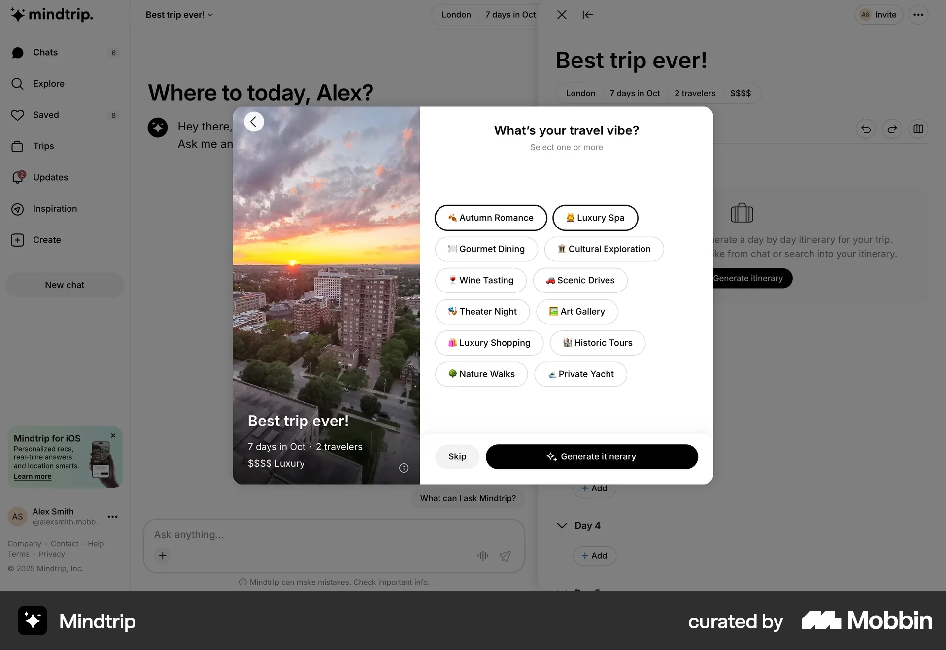 Mindtrip Web screen containing Dialog UI element