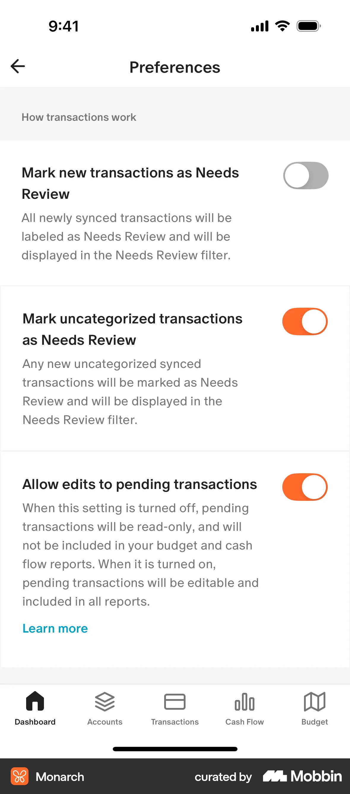 Monarch iOS Settings & Preferences screen