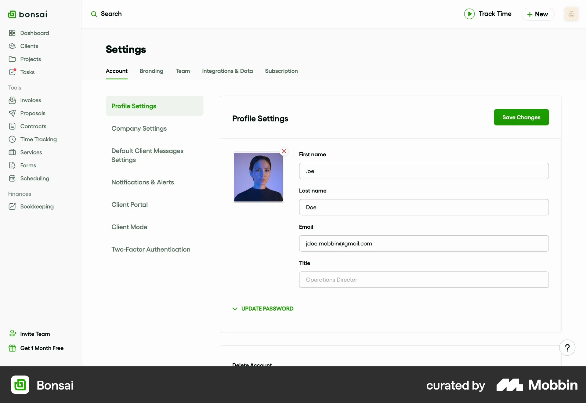 Bonsai Web CRM App screen