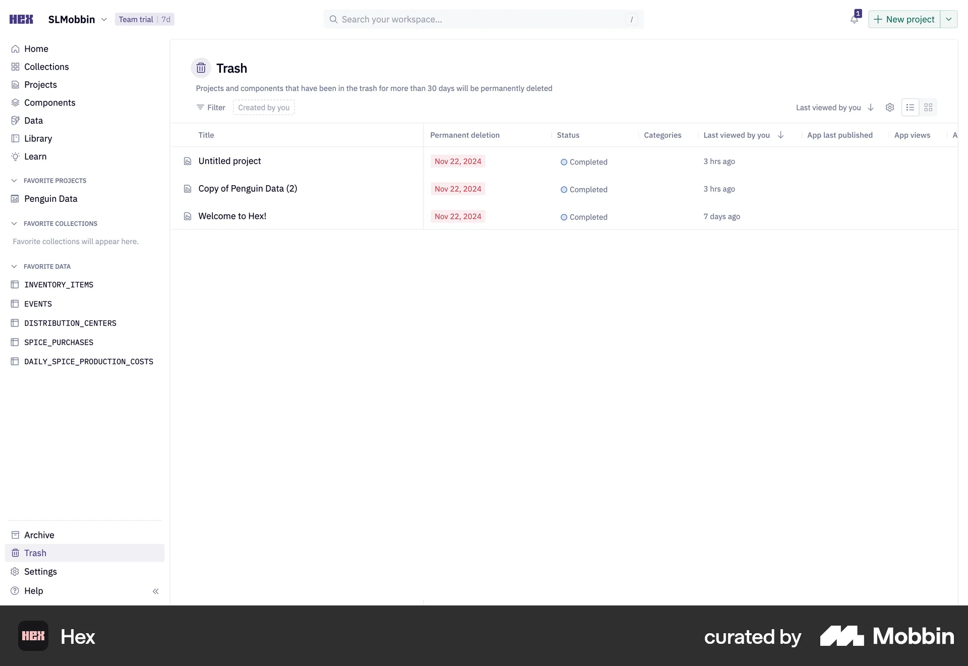 Hex Web Trash & Archive screen