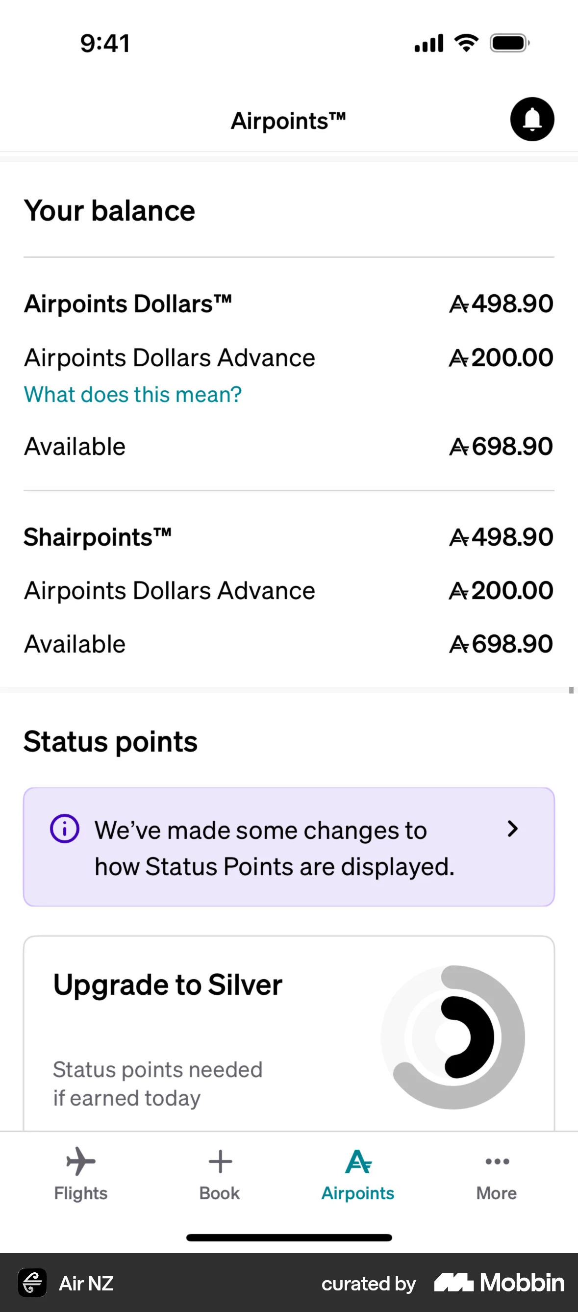 Air NZ iOS Pie Chart UI screen