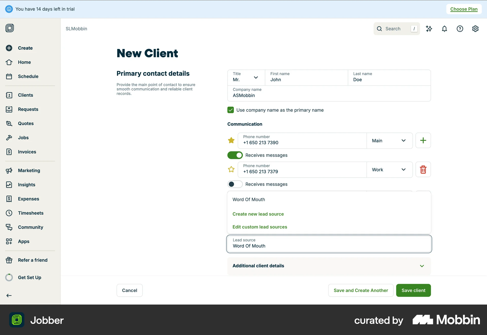 Jobber Web Action Option screen