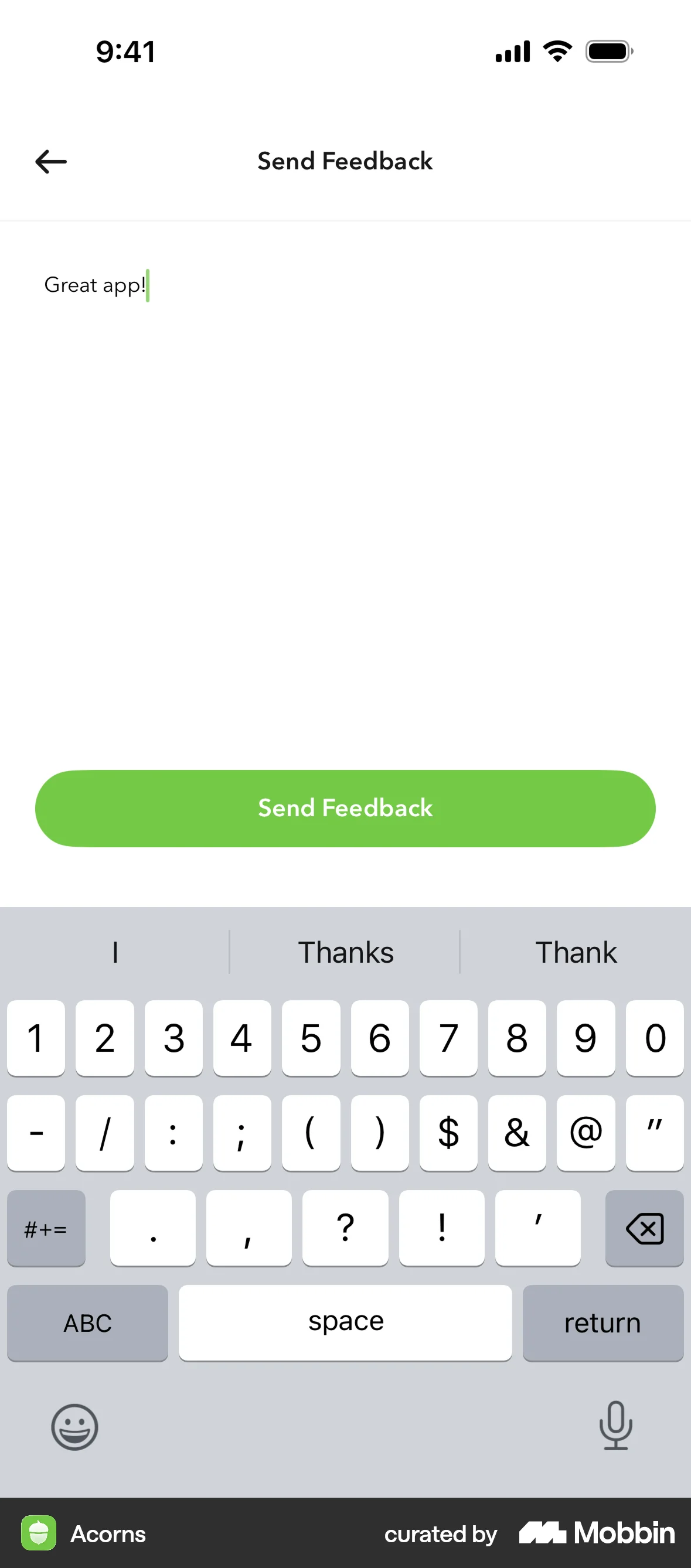 Acorns iOS Feedback screen