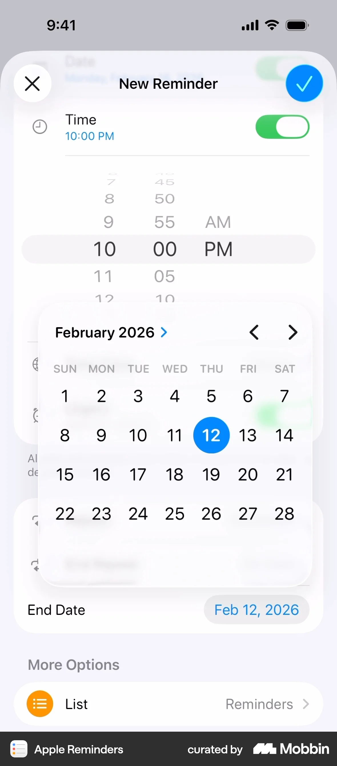 Reminders iOS Calendar screen