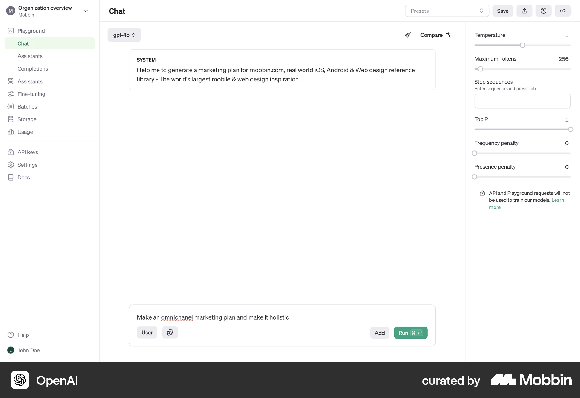 OpenAI Platform Web Chat Bot screen