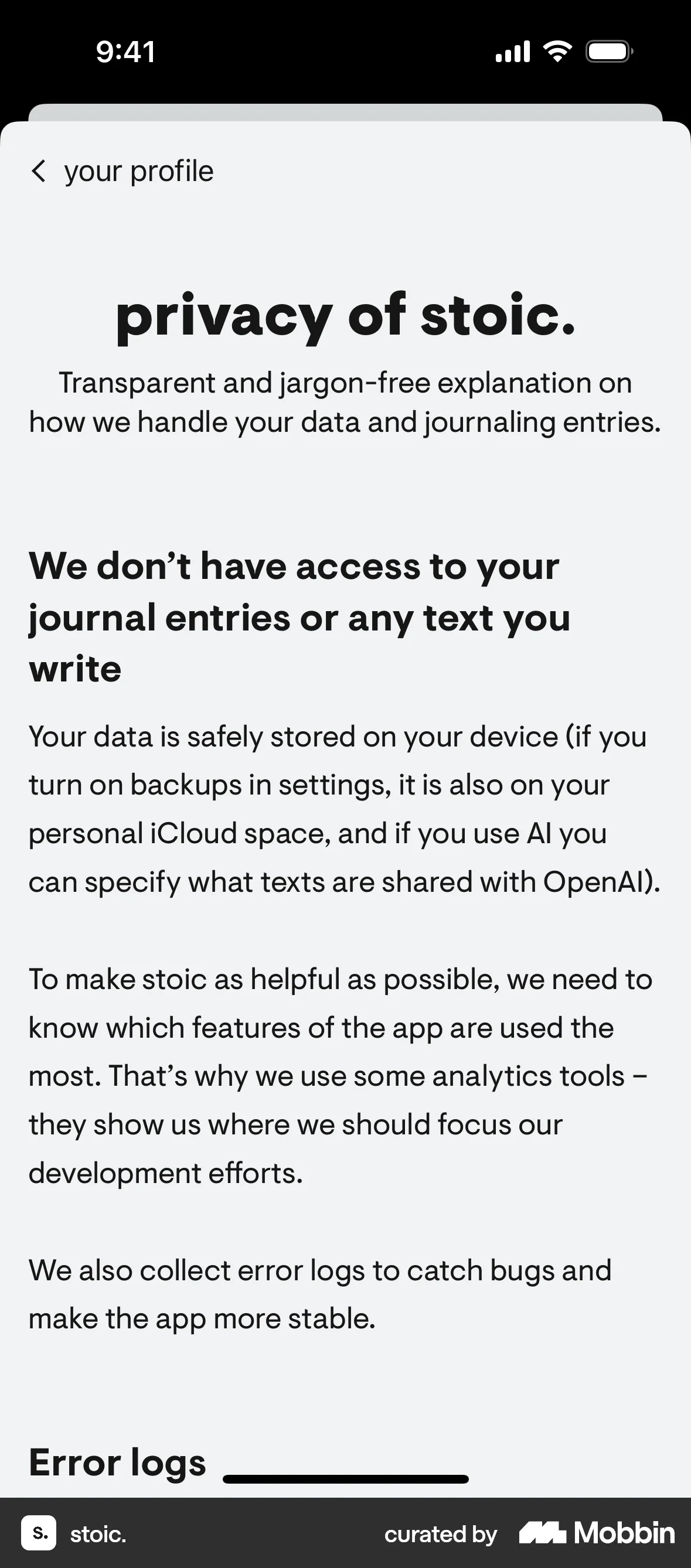 stoic. iOS Privacy Policy screen