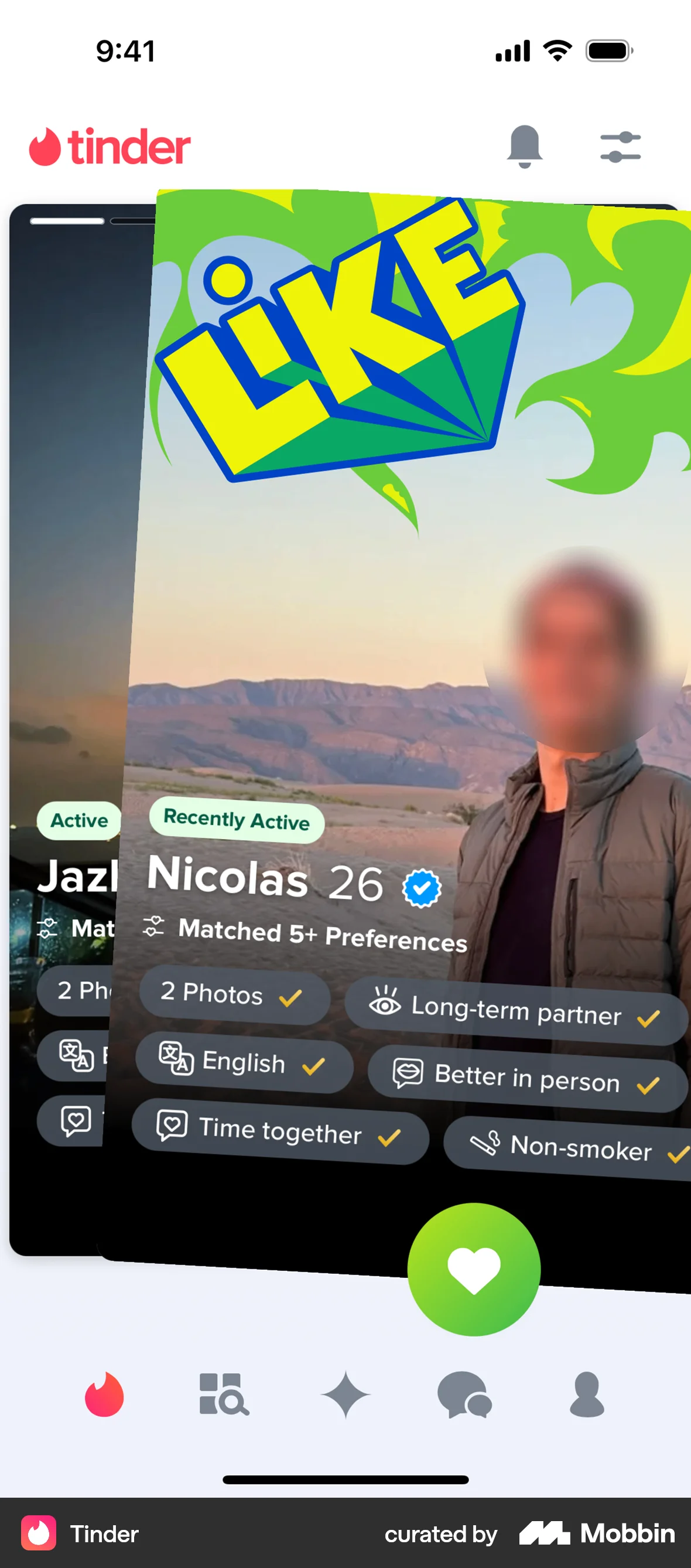 Tinder iOS Like & Upvote screen