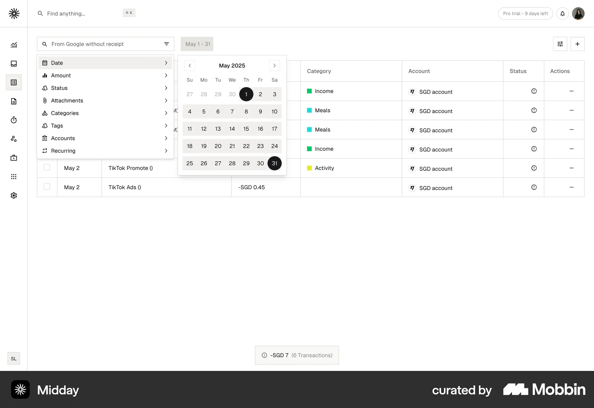 Midday Web Filter & Sort screen