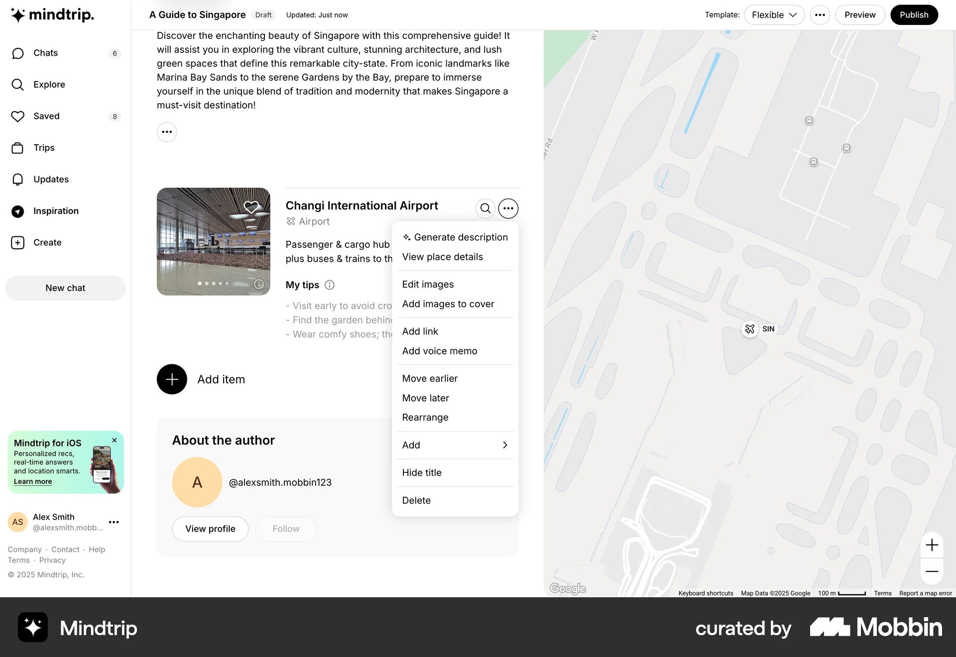 Mindtrip Web Action Option screen