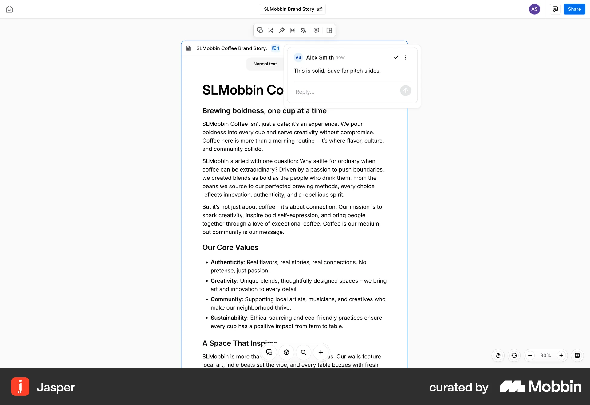 Jasper Web Comments screen