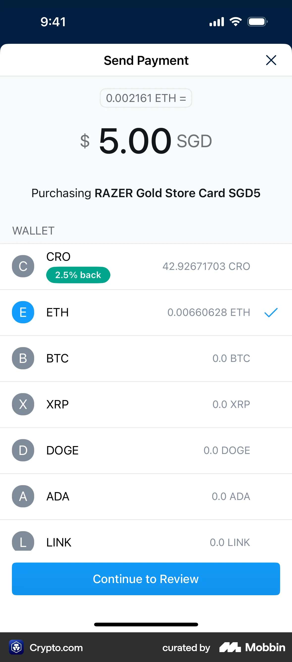 Crypto.com iOS Payment Method screen