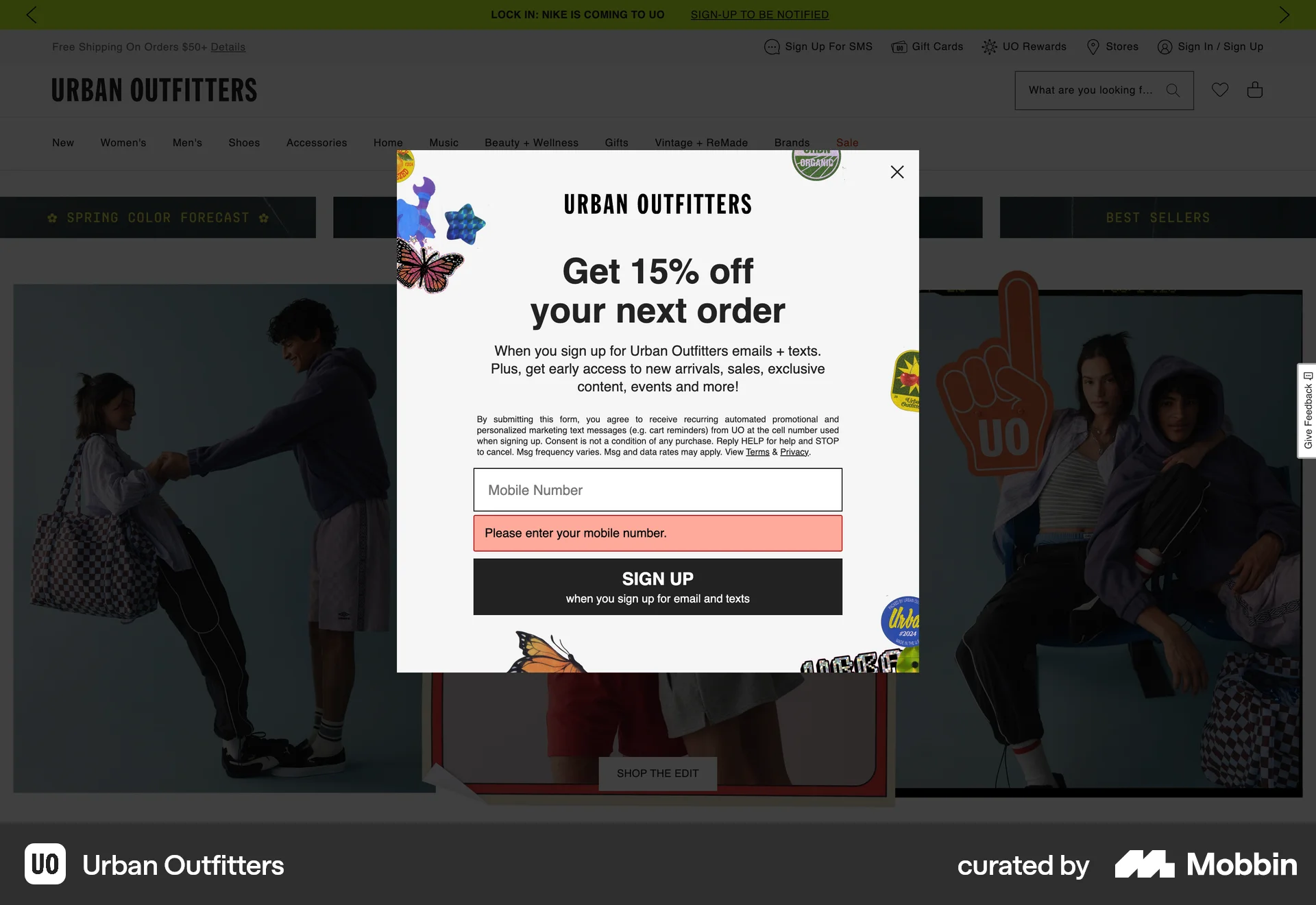 Urban Outfitters Web screen containing Modal UI UI element