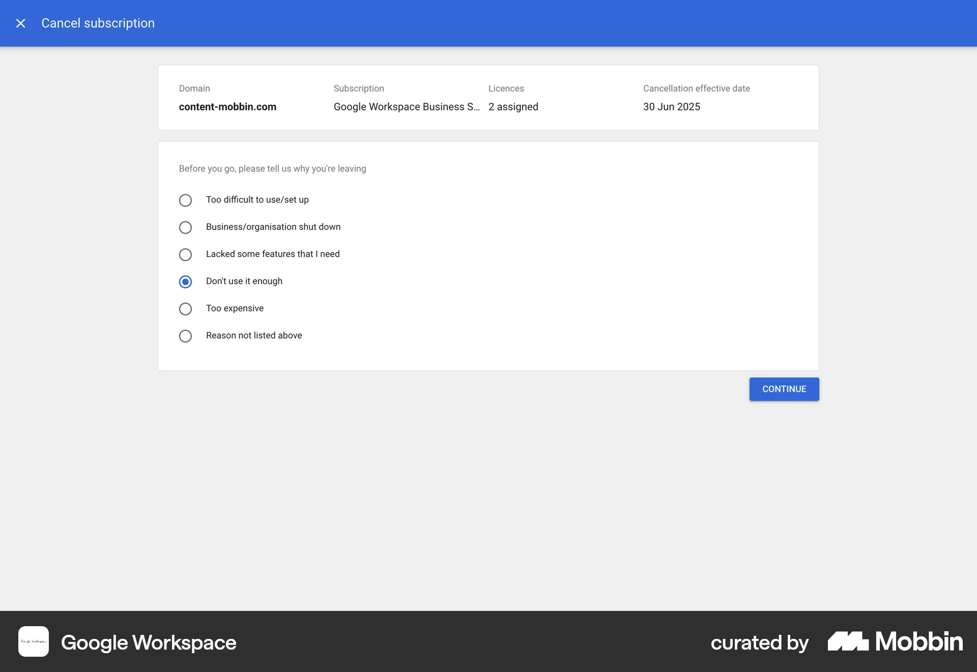 Google Workspace Web Cancel screen