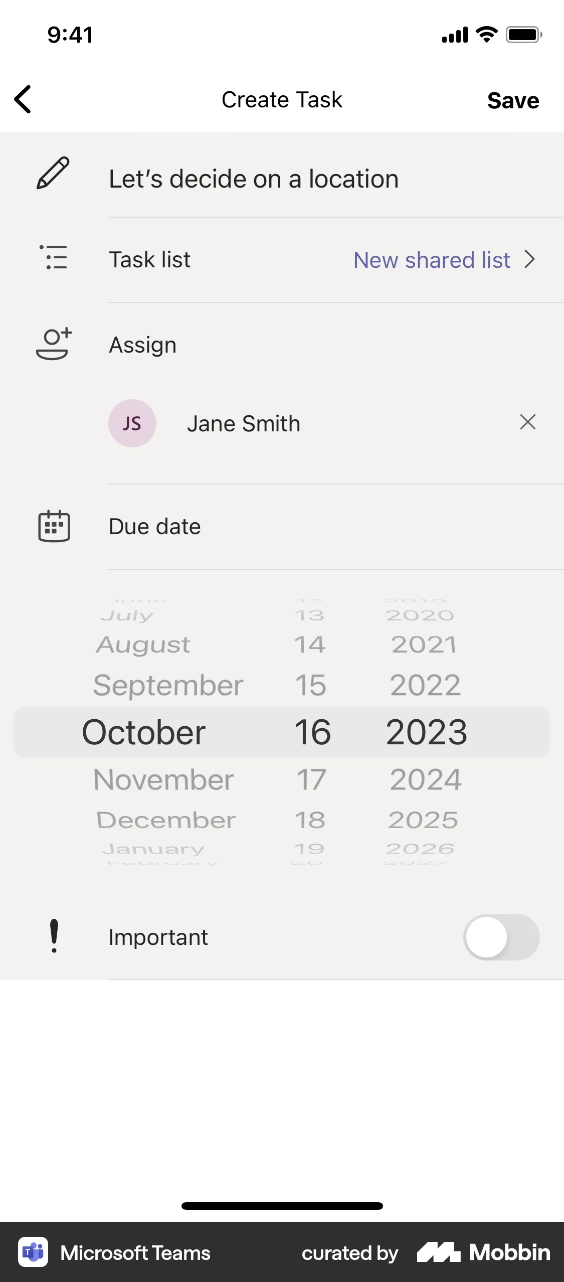 Microsoft Teams iOS screen containing Date Picker UI element