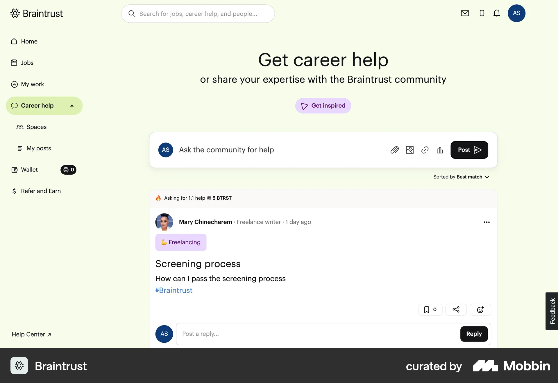 Braintrust Web Social Feed screen