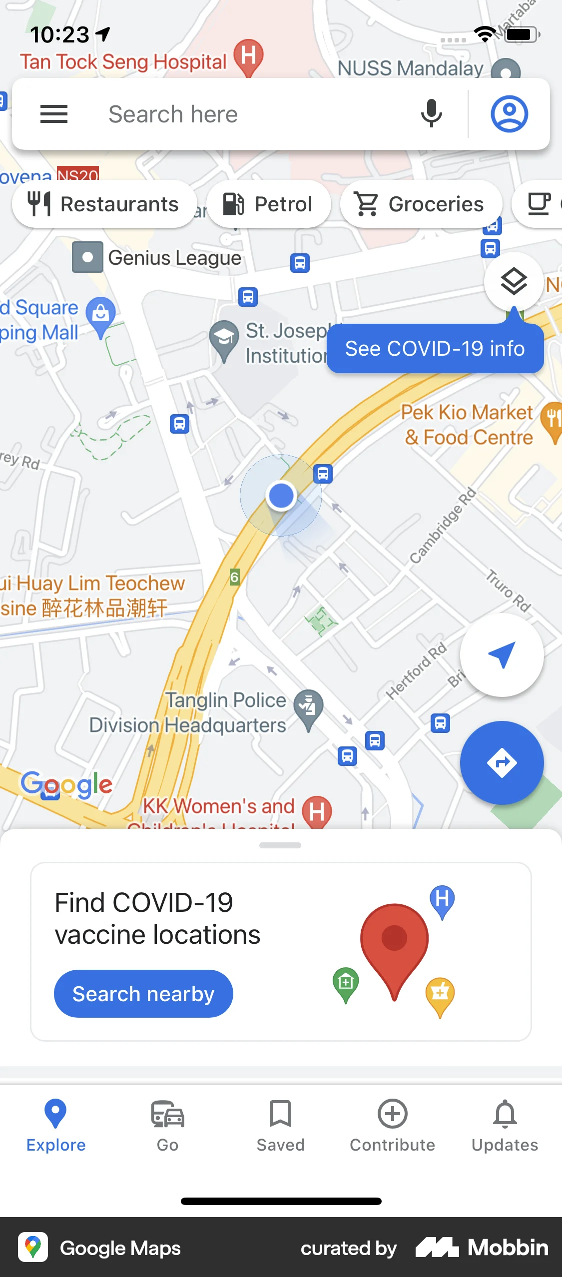 Google Maps iOS screen containing Search Bar UI element
