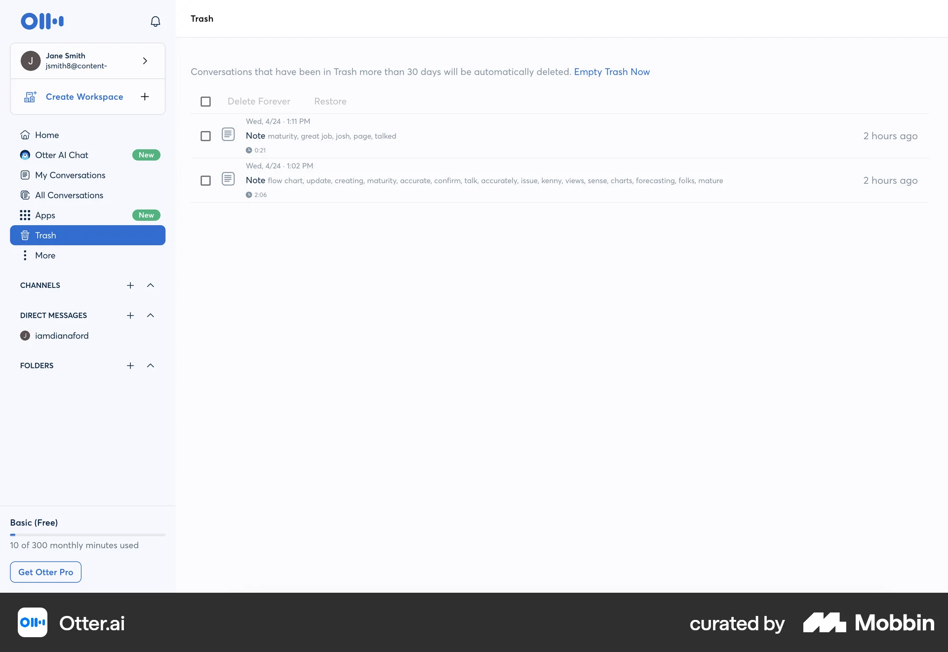 Otter.ai Web Trash & Archive screen