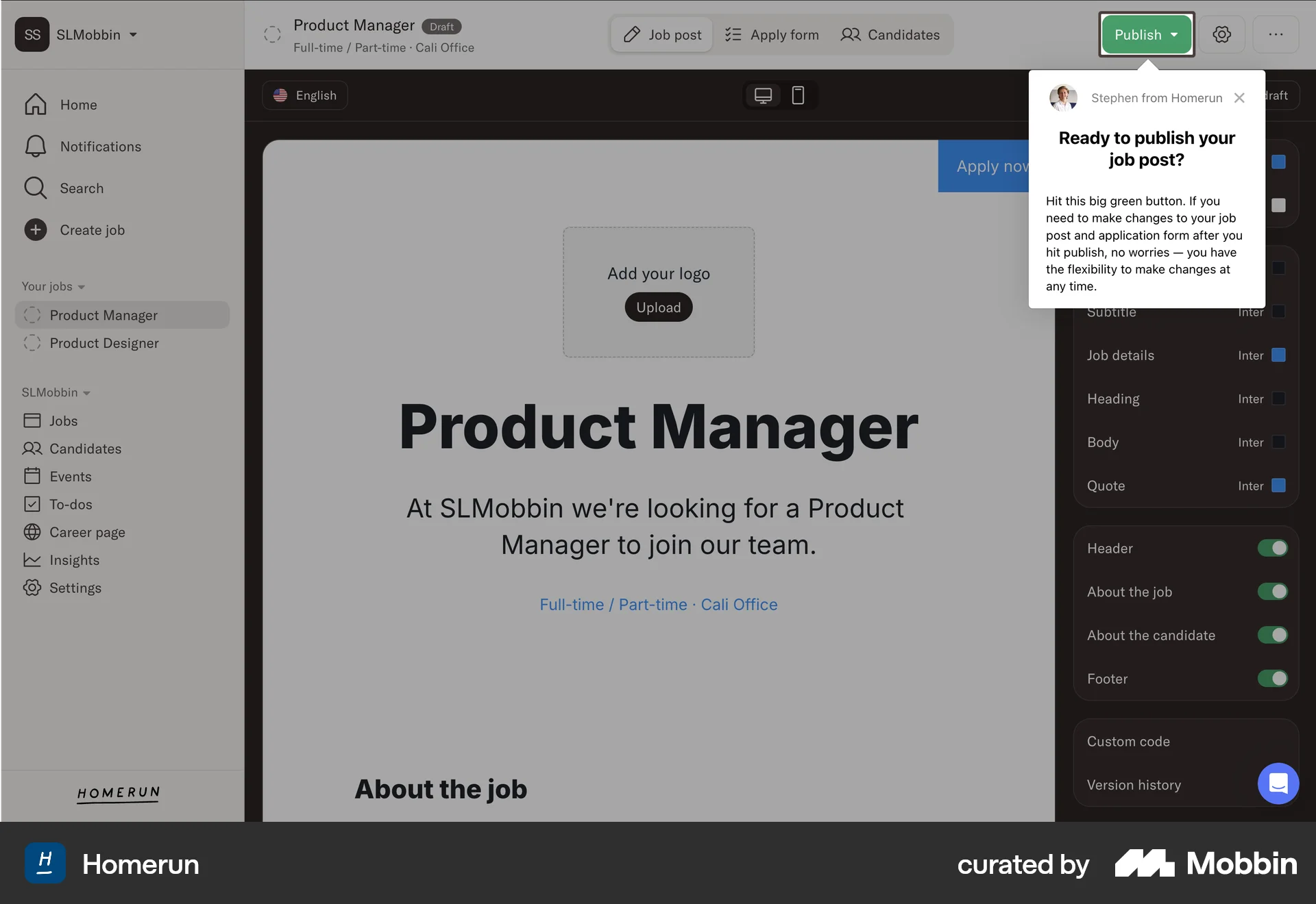 Homerun Web screen containing Coach Marks UI element