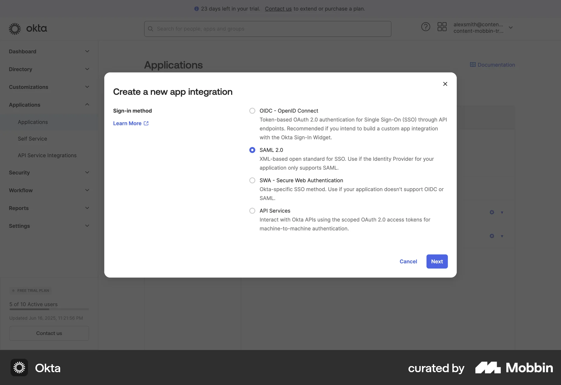 Okta Web Select screen