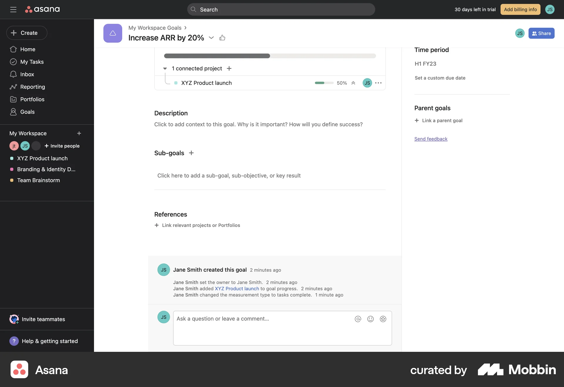 Asana Web Goal & Task screen