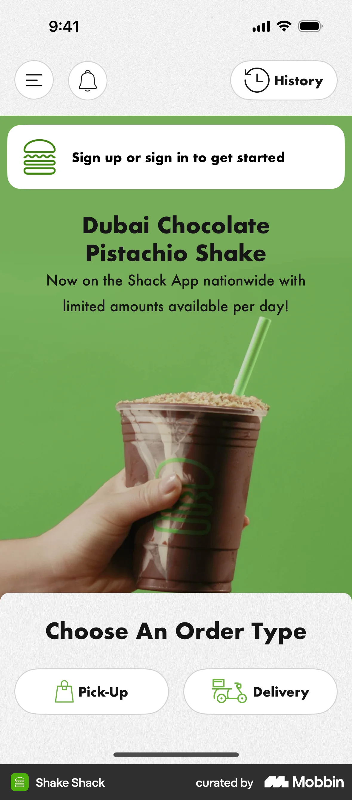 Shake Shack iOS Welcome & Get Started screen