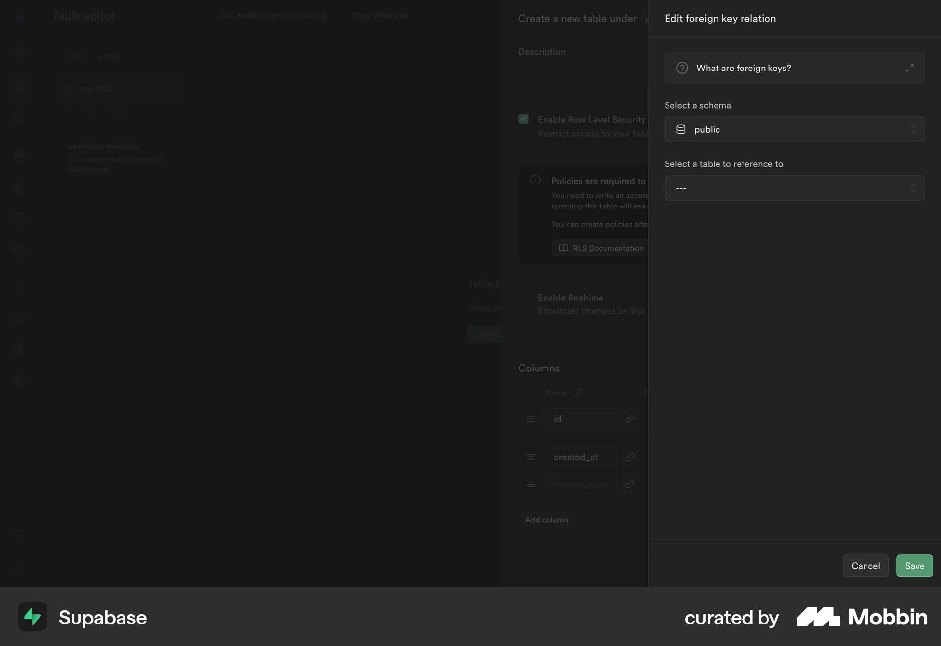 Supabase Web screen containing Drawer UI element