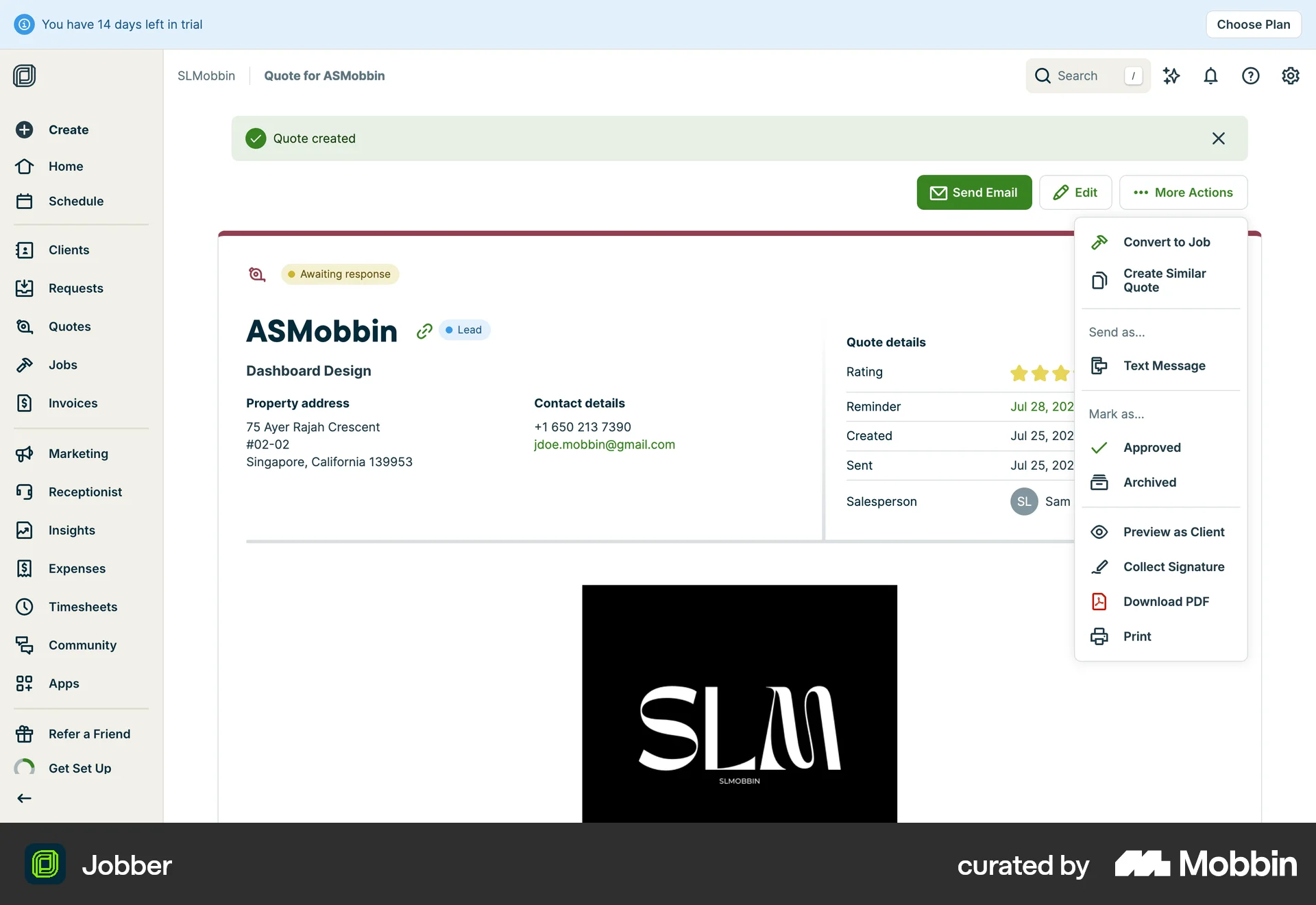 Jobber Web Action Option screen