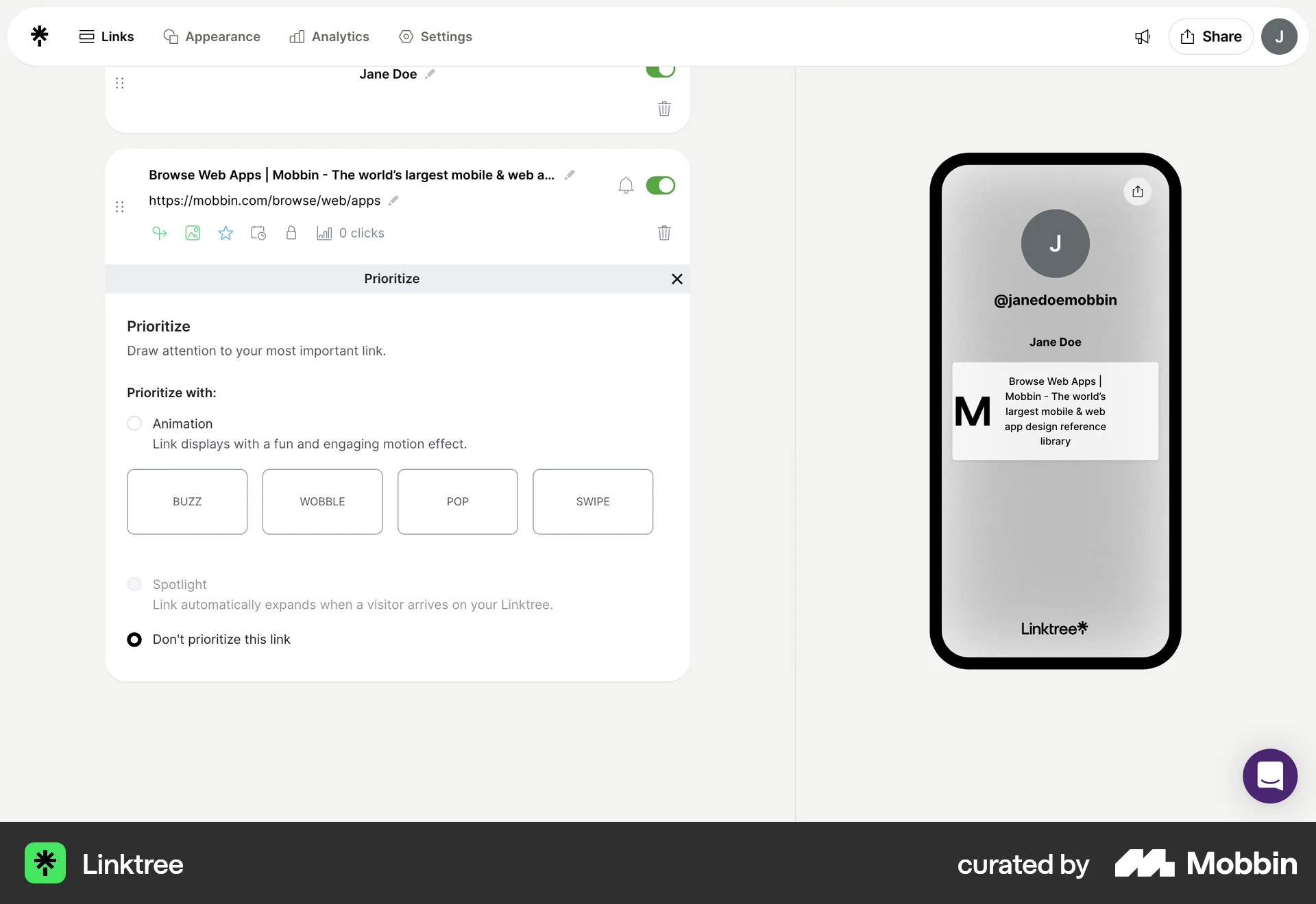 Linktree Web Other Action screen