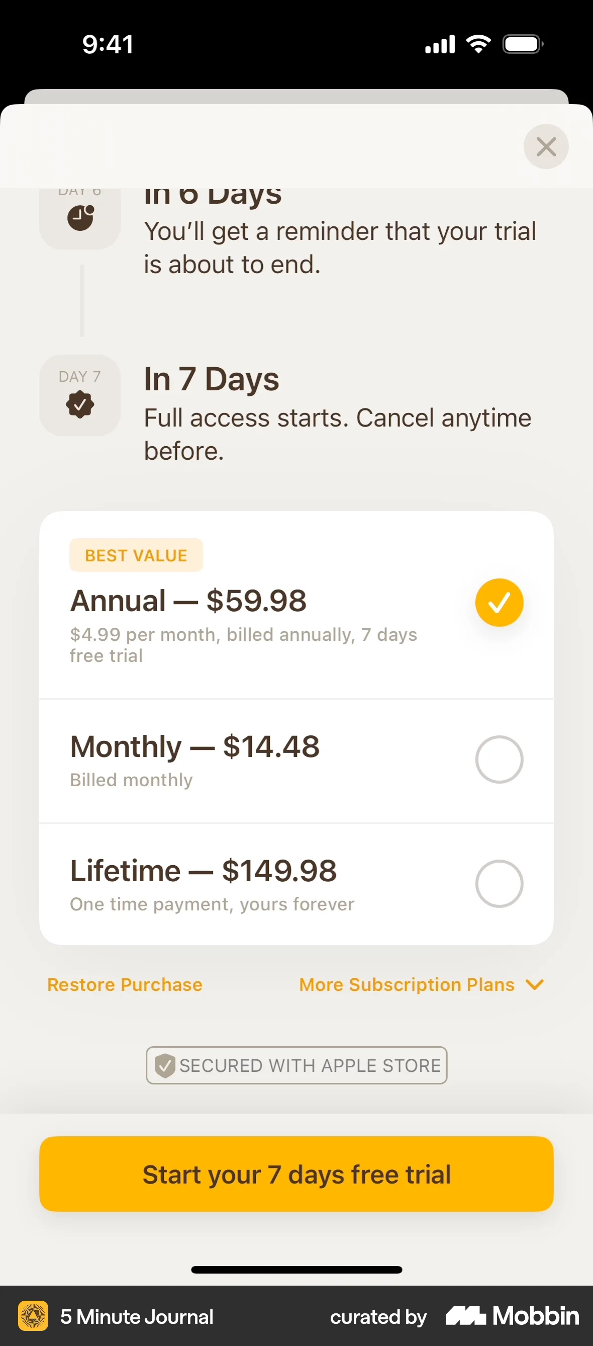 5 Minute Journal iOS Subscription & Paywall screen