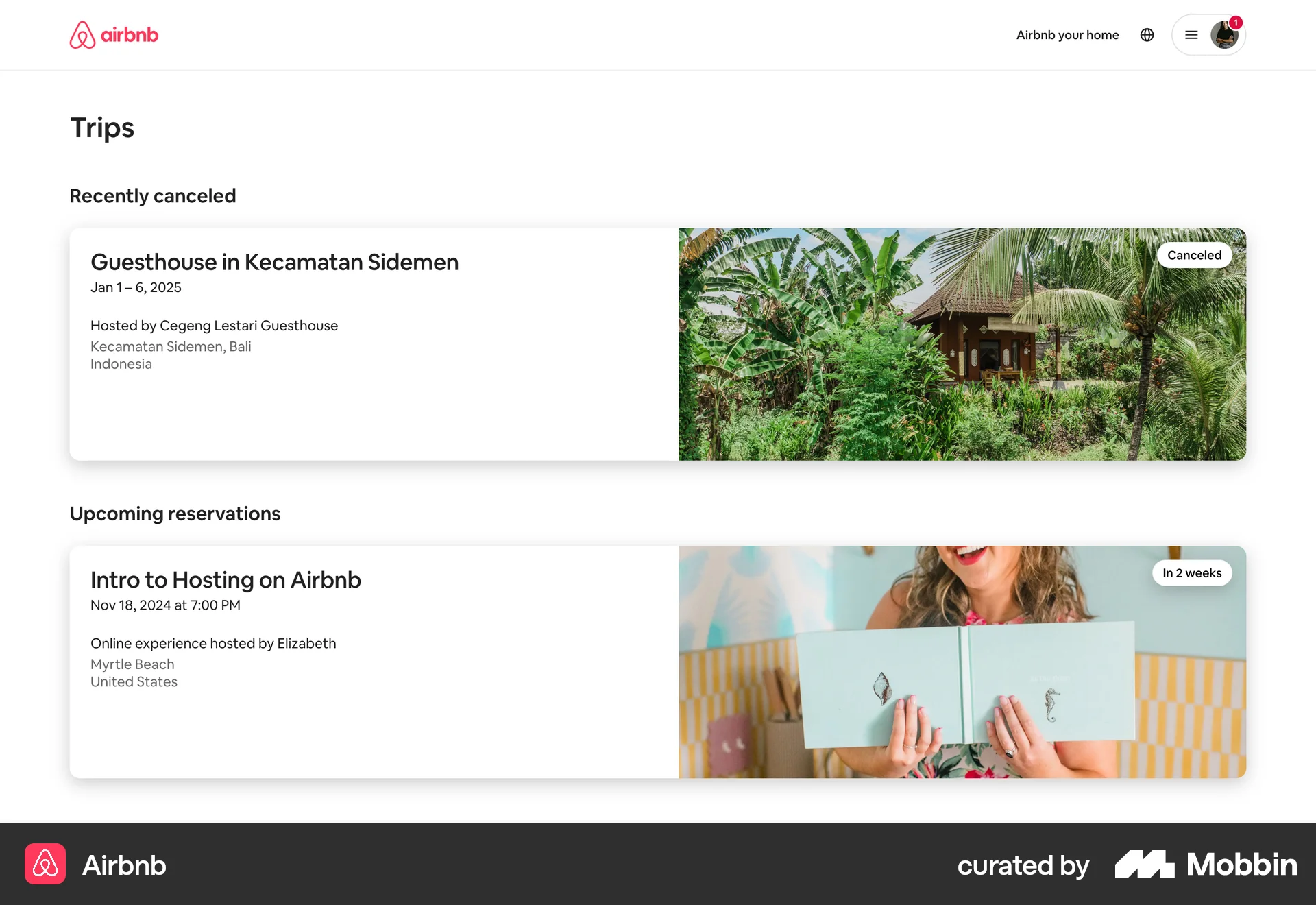 Airbnb Web Order History screen